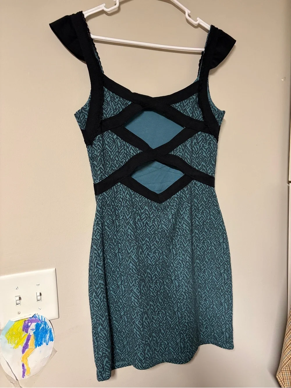 Teal Patterned Fit-and-Flare Dress with Black Accent